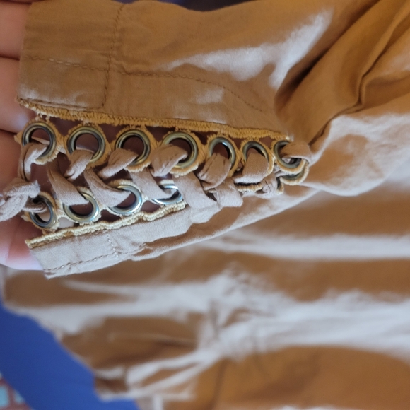 Free People Tan V-Neck Cotton Blouse With Lace Up Detail. Size M - Picture 2 of 7